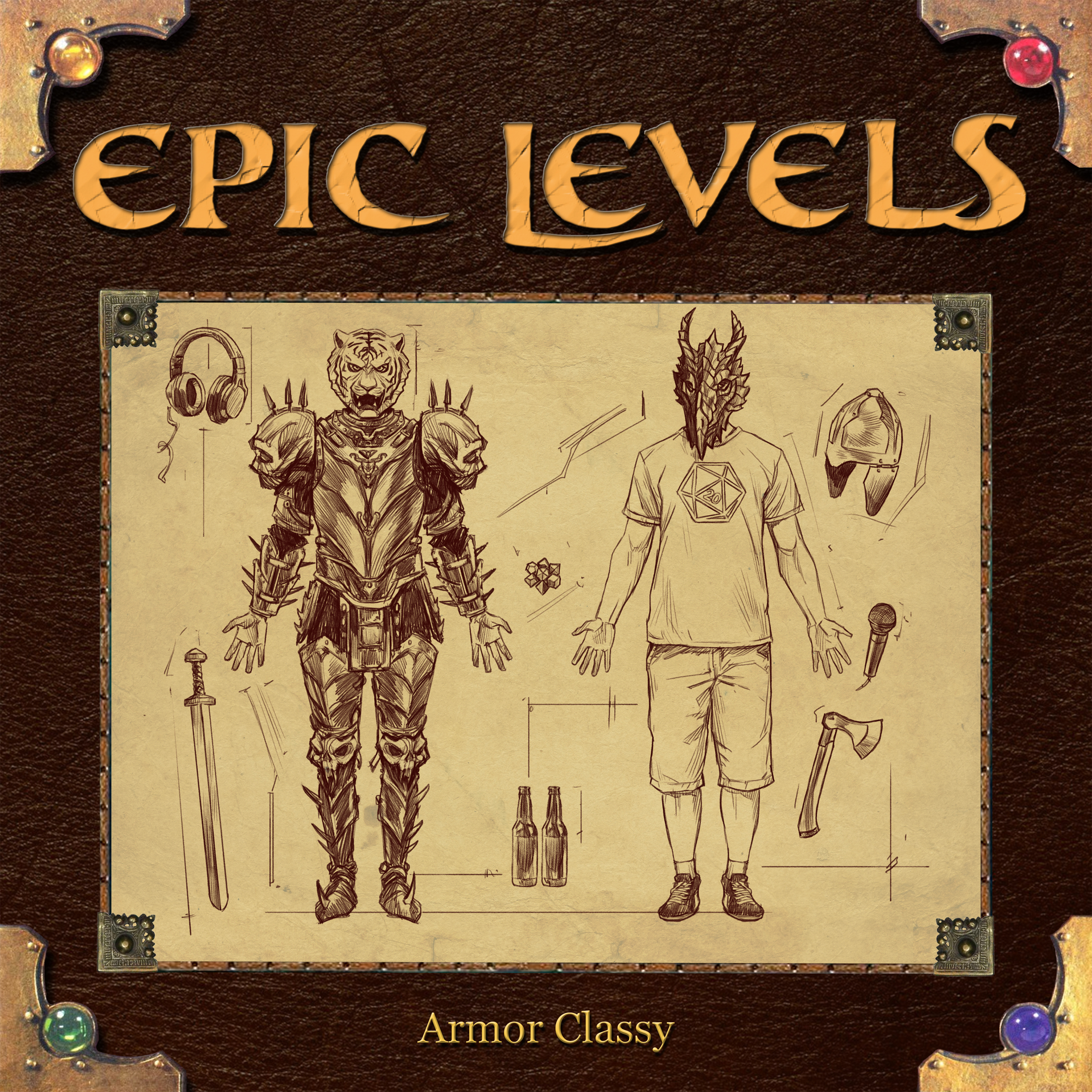 Epic Levels Armor Classy album cover art Dragon Warrior and Tiger Wizard with weapons swords and armor in the style of the dungeons and dragons 3E player's handbook