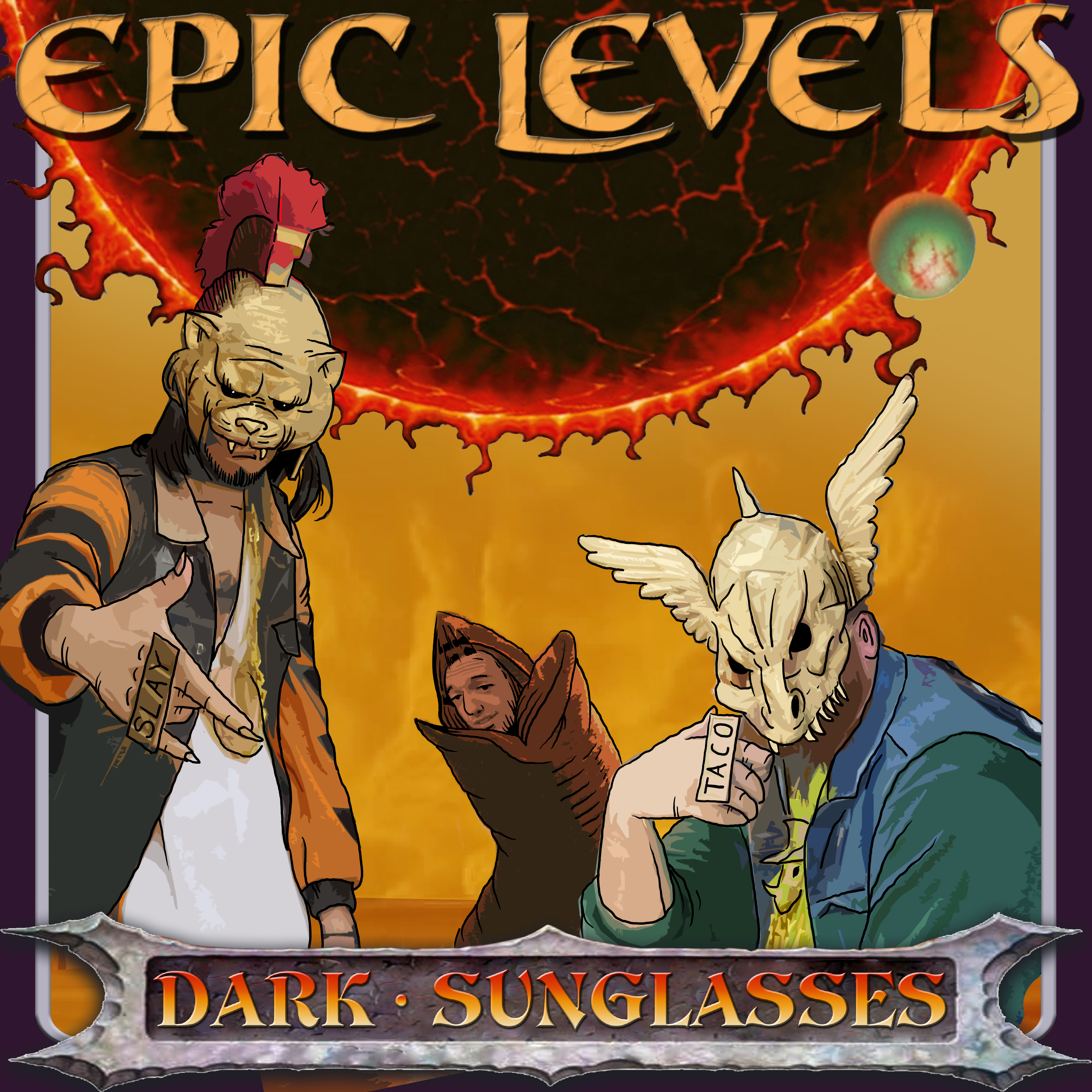Epic Levels Dark Sunglasses single art Tiger Wizard Dragon Warrior Warlock Roc as a sandworm in front of a dark sun