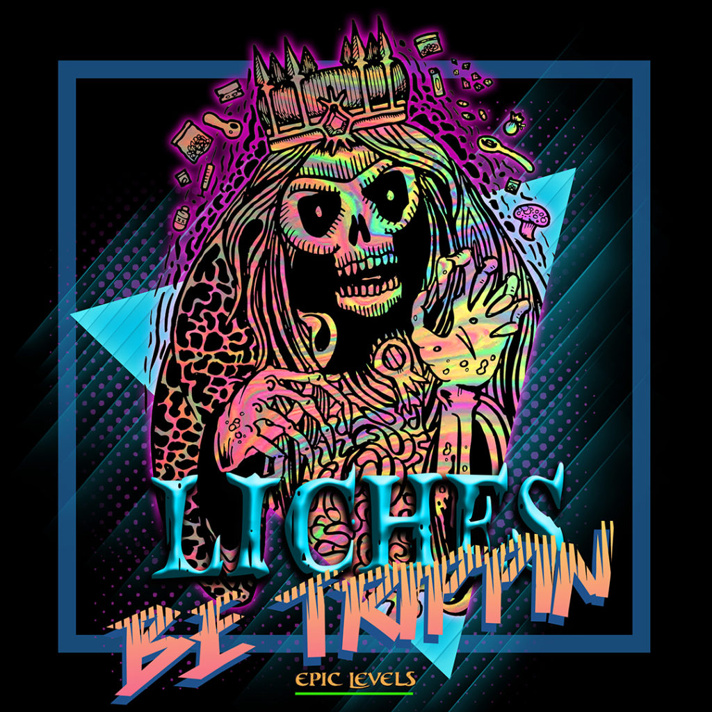 Epic Levels Liches Be Trippin single art a lich is surrounded by floating drug paraphernalia in a 90s style