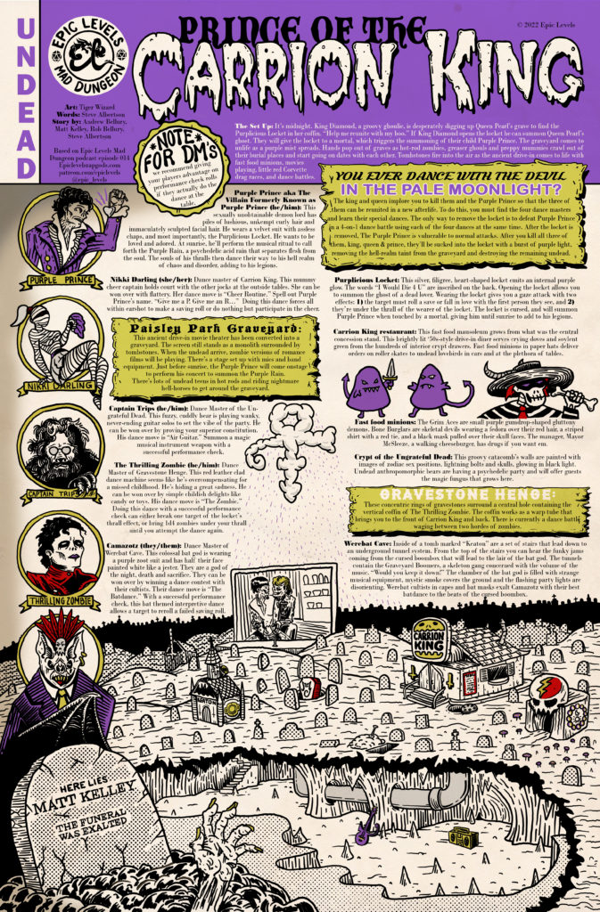 Epic Levels Mad Dungeon episode 14 Prince of the Carrion King with Matt Kelley of Exalted Funeral one page dungeon adventure map poster