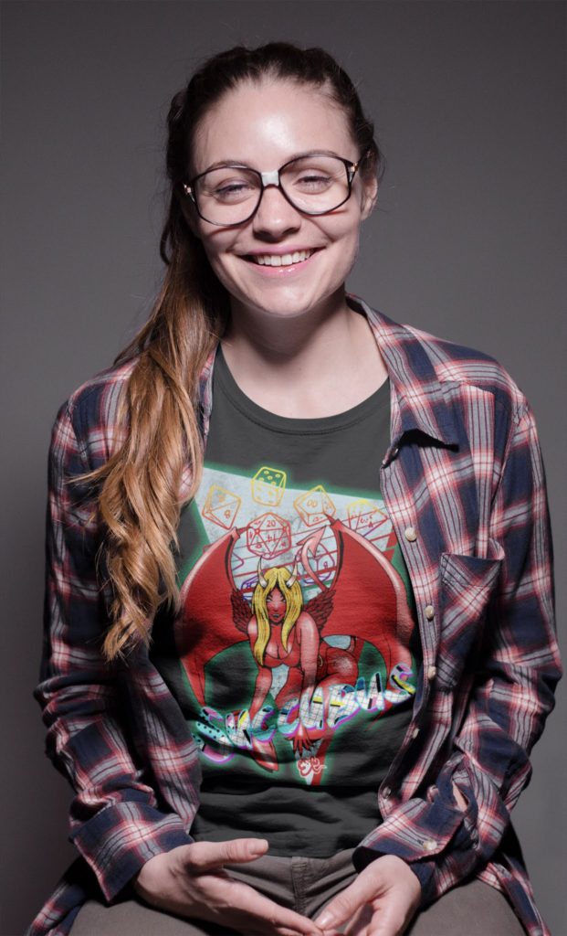 Epic Levels Dungeons and Dragons baywatch succubus t-shirt design on model girl with glasses
